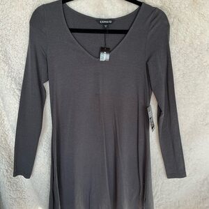 Express Women's Gray Long Sleeve V-Neck Dress